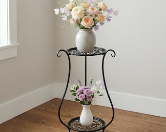 Double Layer Metal Plant Rack | Rustic Scrollwork Indoor Flower Display Shelf | Housewarming Gifts