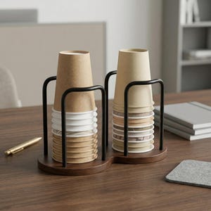 May include: Two cup holders with black metal frames and wooden bases. Each holder contains a stack of paper cups, some with white lids. A gold pen rests on the wooden table.