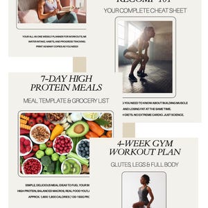 Könnte beinhalten: Grafik für Fitness- und Essensplanung mit Text: "Weekly Fitness & Meal Planner" und "Body Recomp 101". Enthält Bilder einer schreibenden Frau, einer Frau, die Kniebeugen macht, und einer Frau, die trainiert. Enthält auch Text: "7-Day High Protein Meals" und "4-Week Gym Workout Plan".