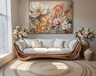 Curved Solid Wood Sofa with Cream Cushions Luxury Organic Modern Living Room Couch Handmade Sculptural Statement Furniture