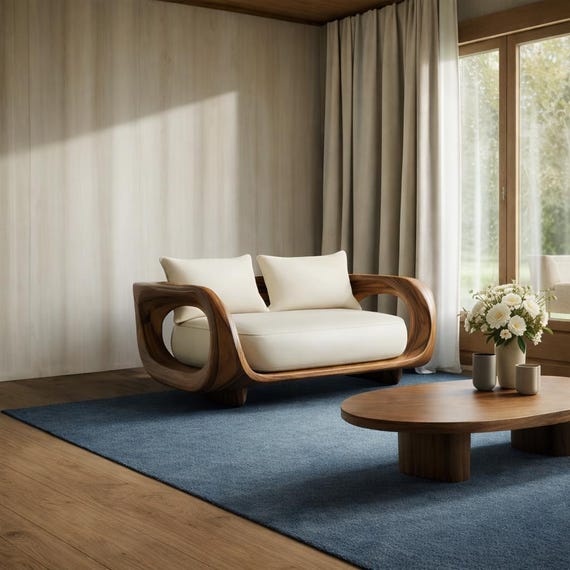 Modern Sculptural Wooden Sofa Luxury Curved Armchair Couch Minimalist Solid Wood Statement Furniture for Living Room