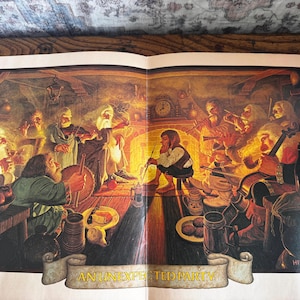 May include: A detailed illustration titled AN UNEXPECTED PARTY depicting a group of bearded figures gathered around a glowing fireplace. The scene features individuals playing musical instruments, drinking from mugs, and eating, with warm lighting.