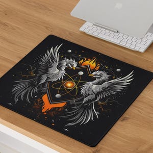 Atomic Griffin Gaming Mauspad 18x16, Mythisches Griffin Schreibtischmatte, Science Fantasy Gamer Dekor, Großes Symmetrie Mousepad, Geeky Geschenk