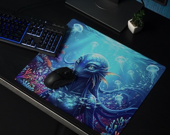 Tappetino per mouse da gioco con sirena aliena sottomarina 18x16, tappetino da scrivania bioluminescente a tema oceano, decorazione fantascientifica per gamer con sirena, regalo fantasy colorato con barriera corallina