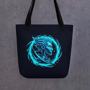 Bolsa Tote Futurista Androide Homem – Bolsa de Ombro Robô Ficção Científica, Estética Cyberpunk Azul Elétrico, Presente Exclusivo para Gamers, Presentes de Ficção Científica