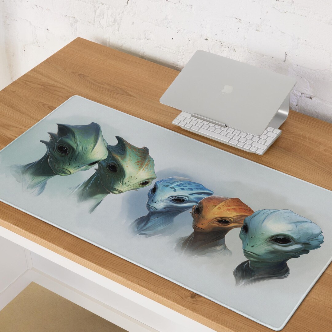 Alien Desk Feature Watercolor Alien Desk Mat 36x18 in - Soft Realism Fine Art Mouse Pad ...