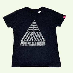 May include: Black t-shirt featuring a white and gray geometric design with the text "ASIAN KUNG-FU GENERATION" and "Tour 2010-2011 VIBRATION OF THE MUSIC". The shirt has a crew neck and short sleeves. A pink square is on the left sleeve.