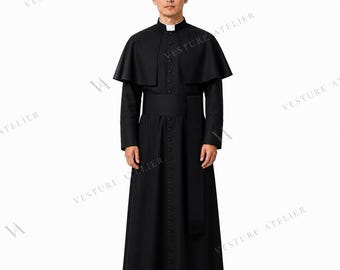 Traditional Roman Catholic Black Cassock with Shoulder Cape Handmade Priest Clergy Robe with Fascia Sash