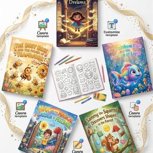 5Magical Storybooks Bundle,Kawaii Coloring Book+Editable Canva Templates|PDFInstant Download,Emotions, Shapes, Science,Teamwork for Kids 3-8