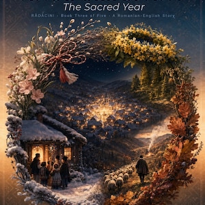 Puede incluir: Una portada de libro titulada ANUL CEL SFÂNT The Sacred Year, con una corona circular de flores y follaje estacional que enmarca un pueblo. La imagen muestra un paisaje invernal nevado con personas cerca de una cabaña y un pastor.
