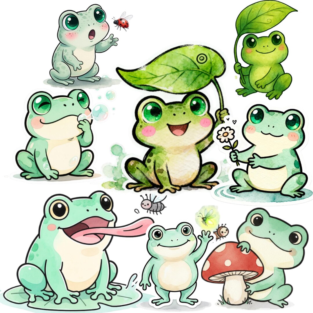 Chibi Frog Clipart Bundle PNG SVG | Cute Kawaii Frog Graphics | Cartoon ...