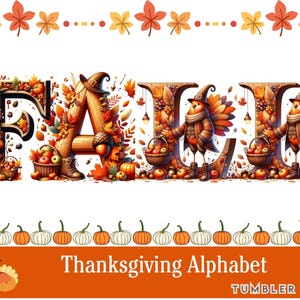 May include: Thanksgiving alphabet design featuring the word "FALL" in decorative letters. The letters are adorned with autumn leaves, pumpkins, and a turkey character. The design includes a banner that reads "Thanksgiving Alphabet".
