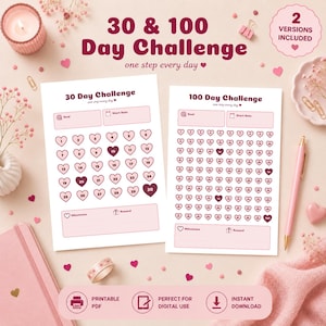 Puede incluir: Dos rastreadores de desafíos imprimibles con un diseño de 30 y 100 días con casillas de verificación en forma de corazón. Las hojas incluyen secciones para objetivos, fechas de inicio, hitos y recompensas, en tonos rosa suave y granate.