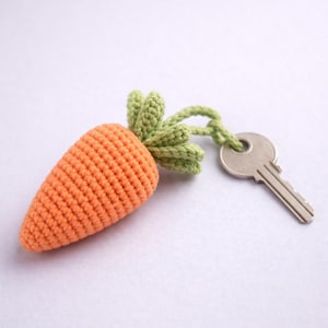 Può includere: Un portachiavi a forma di carota arancione all'uncinetto con foglie verdi e un anello verde. Una chiave d'argento è attaccata al portachiavi. Un accessorio stravagante.