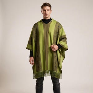 Herren Kapuzenponcho | Tribal Geometrische Muster Cape, Fransen Schal, Boho Oberbekleidung