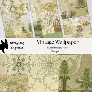 May include: A selection of vintage wallpaper samples in green, beige, and cream tones. The designs showcase floral patterns, damask motifs, and geometric shapes. The text "Vintage Wallpaper Romanesque Arch Sampler #1" is visible.