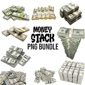 Op de afbeelding: Een digitale collectie van diverse stapels en bundels Amerikaanse honderd dollarbiljetten, met verschillende opstellingen en hoeveelheden, met de dikgedrukte zwarte tekst MONEY STACK PNG BUNDLE in het midden van de afbeelding.