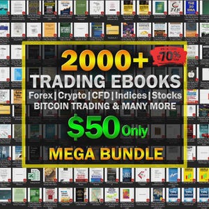 Op de afbeelding: Een digitale collectie van meer dan 2000 trading e-books over Forex, crypto, CFD's, indices en aandelen. De afbeelding bevat vette gele en witte tekst op een donkere achtergrond, met een mega-bundelaanbieding voor $50 met een 70% kortingslabel.