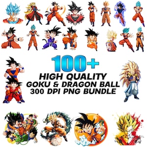 Puede incluir: Una colección digital de más de 100 archivos PNG de Goku y Dragon Ball de alta calidad a 300 DPI. Las imágenes muestran varias ilustraciones del personaje Goku en diferentes formas, poses y atuendos, incluyendo variantes de Super Saiyan.