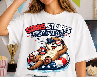 Stars Stripes Good Vibes Shirt, Funny Otter Shirt, Patriotic Summer Shirt, USA Pool Party Tee, Cute America Outfit