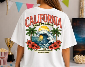 California Surf Paradise Shirt, Retro Hibiscus Tee, Vintage Beach Graphic Shirt, Tropical Summer Tshirt, Coastal Surf Tee