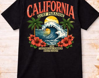 California Surf Paradise Shirt, Retro Hibiscus Tee, Vintage Beach Graphic Shirt, Tropical Summer Tshirt, Coastal Surf Tee
