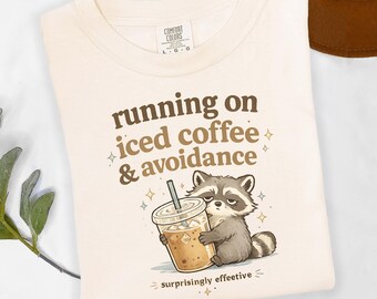 Running On Iced Coffee And Avoidance Shirt, Funny Raccoon Tee, Coffee Humor Shirt, Burnout Meme Graphic Tee, ADHD Humor Shirt