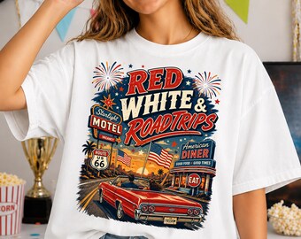 Red White Roadtrips Shirt, Retro Americana Car Tee, Route 66 Patriotic Shirt, Vintage Summer Road Trip Tee, America 250 Shirt