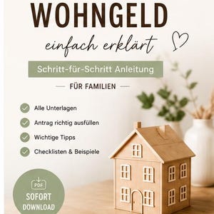 Könnte beinhalten: Ein digitales Dokument mit dem Titel WOHNGELD einfach erklärt, das eine Schritt-für-Schritt-Anleitung für Familien bietet. Es enthält Checklisten, Tipps zum Ausfüllen des Antrags und Unterlagen. Ein kleines Holzhaus steht im Vordergrund.