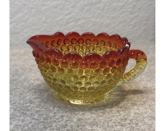 Vintage Hobnail Glass Creamer Pitcher Amberina Red Yellow