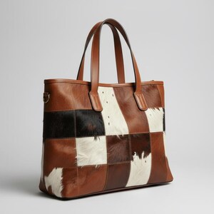 Può includere: Una borsa tote patchwork marrone e beige con manici in pelle. La borsa presenta un motivo a scacchiera di sezioni marroni, nere e bianche. La borsa ha una forma rettangolare e una chiusura con cerniera.