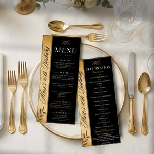 Editable Black & Gold Menu Card Template, Elegant Birthday Dinner Menu, Printable Event Program, Canva Menu, Luxury Party Table Card