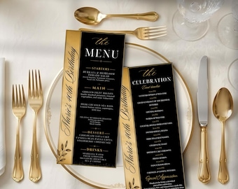 Editable Black & Gold Menu Card Template, Elegant Birthday Dinner Menu, Printable Event Program, Canva Menu, Luxury Party Table Card