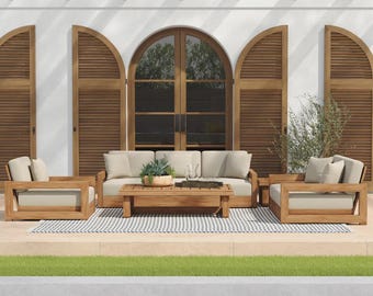 Conjunto de muebles de exterior de teca de 5 piezas para patio / Conjunto de muebles de madera maciza con sofá, sofá de dos plazas, sillas y mesas / Conjunto de asientos acolchados resistentes a la intemperie