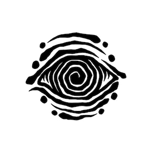 May include: A black and white graphic illustration of an eye. The eye features a spiral iris and is surrounded by curved lines and small circles, creating a stylized design. The artwork is set against a white background.
