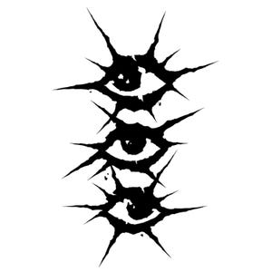 May include: Black graphic of three stylized eyes with spiky, star-like elements radiating outwards. The design is symmetrical and appears to be a tattoo or graphic art piece, set against a white background.