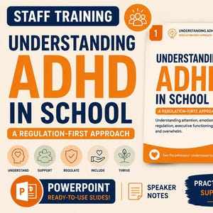 May include: A training graphic with the title "Understanding ADHD in School" in orange and blue. The graphic includes a child illustration, icons, and the text "A Regulation-First Approach". It also mentions PowerPoint slides and speaker notes.