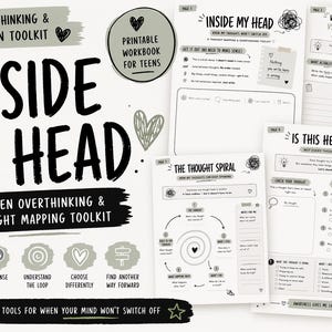 May include: A black and white workbook titled "Inside My Head" for teens, designed to help with overthinking and thought mapping. The workbook includes worksheets and practical tools for managing thoughts.