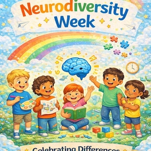 Könnte beinhalten: Farbenfrohe Illustration zur Neurodiversity Week. Sie zeigt Kinder, Regenbogen und Puzzleteile mit dem Text "Neurodiversity Week" und "Celebrating Differences". Das Bild hat eine helle, fröhliche Ästhetik.
