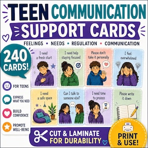 May include: A colorful graphic with the text "TEEN COMMUNICATION SUPPORT CARDS" and illustrations of teens expressing feelings. The cards are designed for teens and include phrases like "I need a fresh start" and "I feel overwhelmed". The image also includes the text "CUT & LAMINATE FOR DURABILITY".