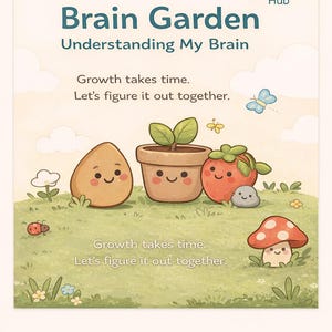 May include: An illustrated graphic with the text "Brain Garden" and "Understanding My Brain." The image features smiling cartoon characters of a seed, a potted plant, a strawberry, a rock, and a mushroom. The text reads, "Growth takes time. Let's figure it out together."