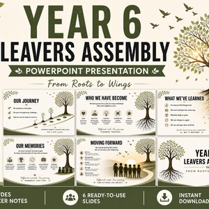 Op de afbeelding: Een PowerPoint-presentatie getiteld "Year 6 Leavers Assembly" met het thema "From Roots to Wings". Het ontwerp bevat een boomafbeelding en bevat zes dia's, sprekersnotities en is direct klaar voor gebruik. Ontworpen voor Year 6 afscheidsbijeenkomsten.