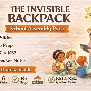 May include: Illustration of "The Invisible Backpack" school assembly pack. The image features a teacher with a tablet and three students. Text includes "6 Slides", "No Prep", "KS1 & KS2", and "Speaker Notes".