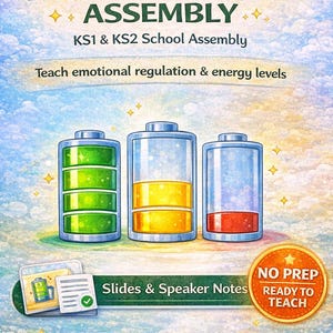 Puede incluir: Cartel educativo titulado "Brain Battery Assembly" con tres ilustraciones de baterías que muestran los niveles de energía. El cartel incluye el texto "KS1 & KS2 School Assembly" y "Teach emotional regulation & energy levels". También dice "Slides & Speaker Notes" y "No Prep Ready to Teach".