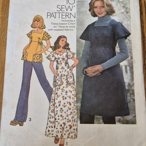 May include: A Simplicity 7037 sewing pattern envelope for size 10, 83 cm bust. The cover features illustrations of three outfits: a yellow top with patterned pockets and blue trousers, a floral maxi dress, and a dark blue short-sleeved tunic dress.
