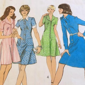 Puede incluir: Ilustración de cuatro mujeres con vestidos. Los vestidos incluyen un vestido a rayas rosas y blancas, un vestido a cuadros azules y blancos, un vestido a cuadros verdes y un vestido azul liso. Los vestidos tienen diferentes largos de manga y estilos.