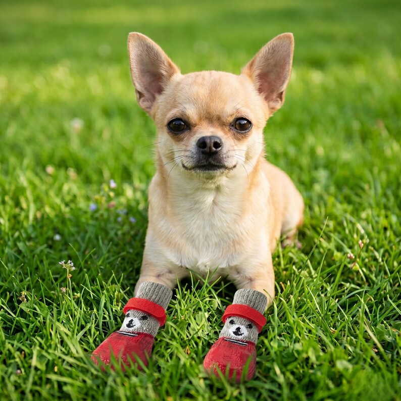 May include: A tan Chihuahua dog wearing red and gray dog booties with a bear design, sitting in green grass. The dog is looking at the camera with a slight smile. The booties have a red strap.