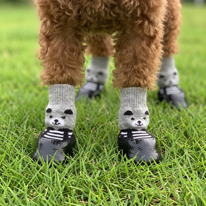 May include: A dog wearing gray socks with a bear face design and black and white striped boots. The dog is standing on green grass. The socks are gray and the boots are black.
