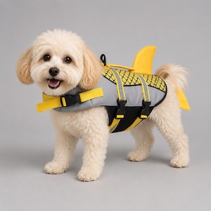 Può includere: Un cane dal pelo chiaro indossa un giubbotto di salvataggio grigio e giallo con un design a pinna di squalo sul dorso. Il gilet presenta pannelli laterali neri, cinghie regolabili gialle con fibbie in plastica nera e un motivo a scaglie.