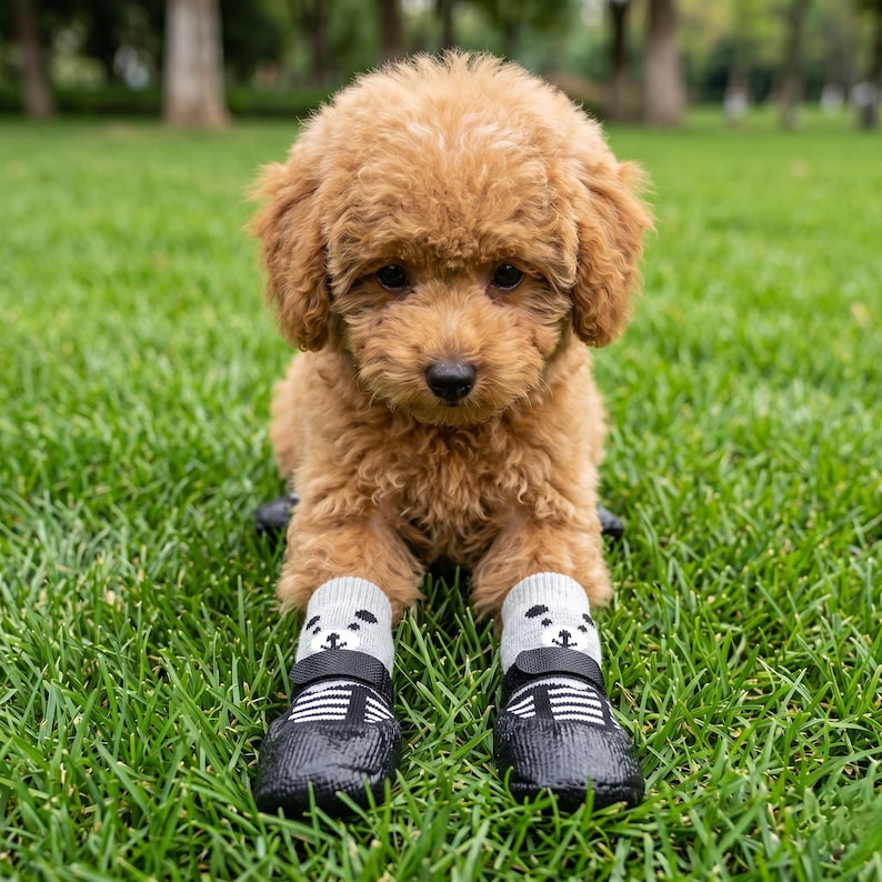 May include: A small, brown, curly-haired dog sits in green grass, wearing gray socks with panda faces and black shoes with white stripes. The dog is looking directly at the camera.